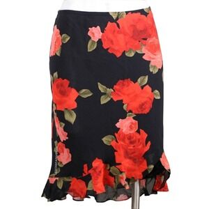 DONNA RICCO RED & BLACK ROSE PRINT SKIRT W/ RUFFLE